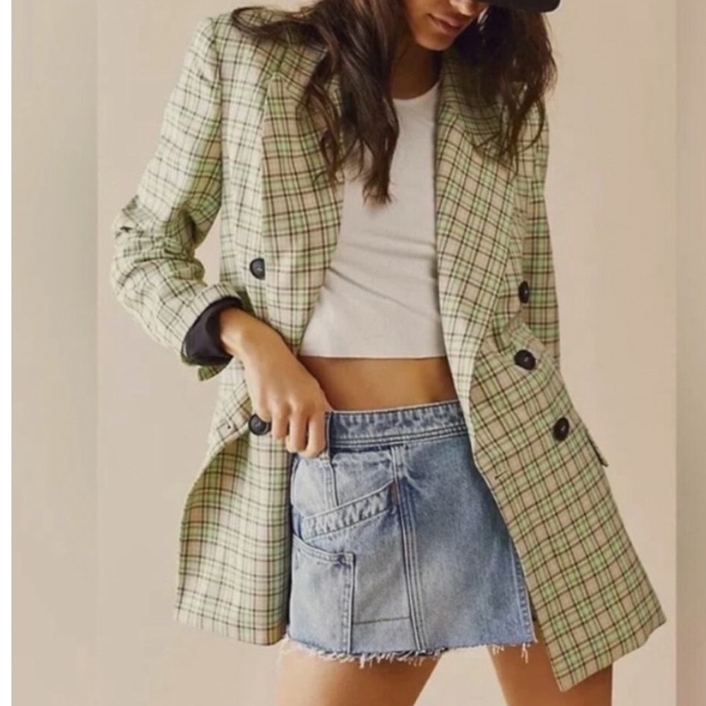 Free People Plaid Blazer Womens Small?? Green Double Breasted Oversized Academic